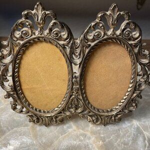 Vintage Double Photo Oval Brass Metal Miniature Stand Photo Frame Italy